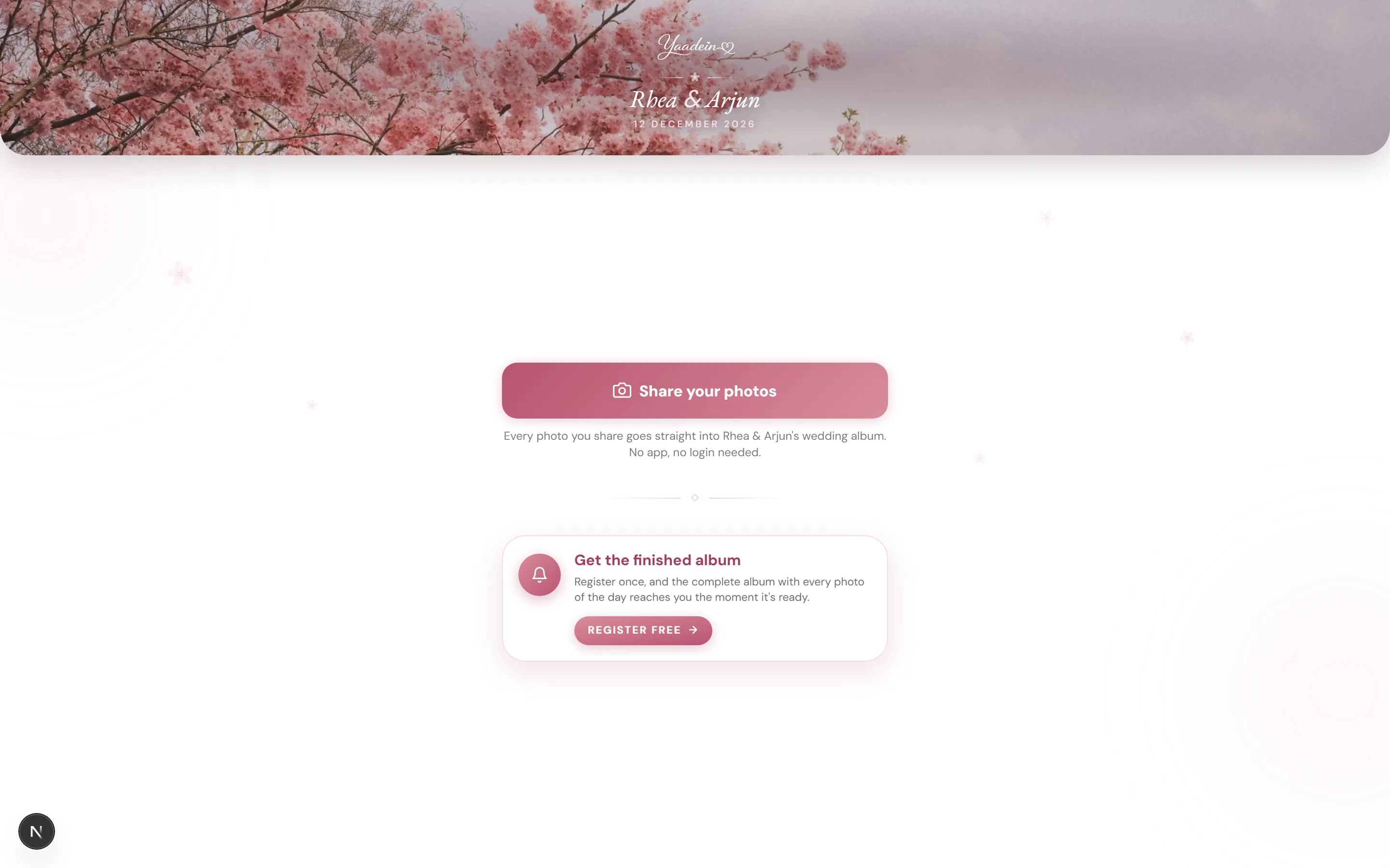 The Yaadein guest upload page for the sample Rhea and Arjun wedding