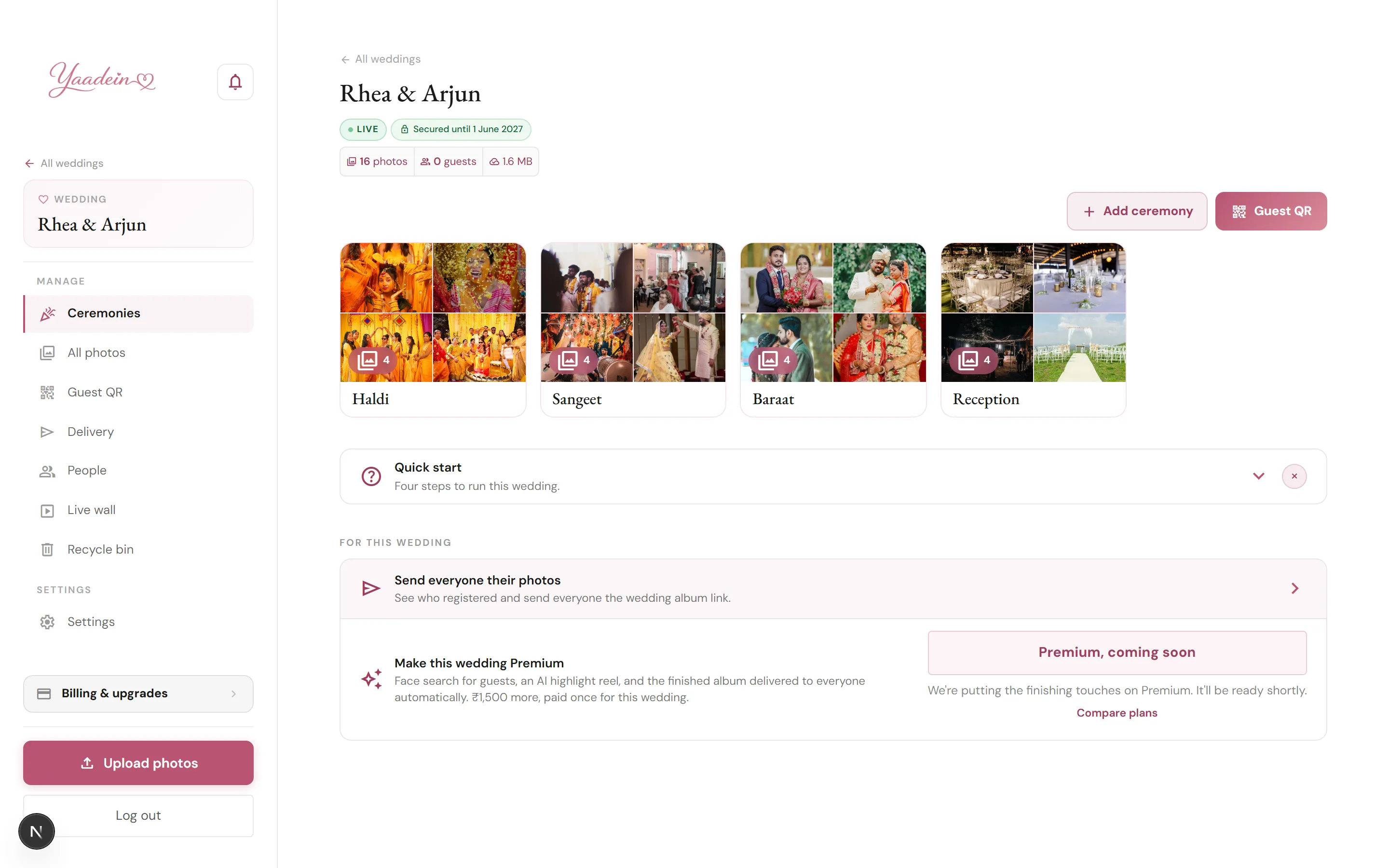 The Yaadein organiser dashboard: guest photos, the venue QR code, and the couple's private album link